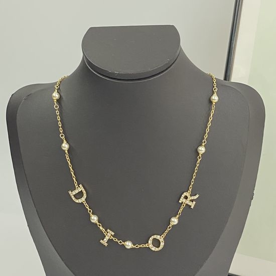Christian Dior CD Rhinestone Pearl Pendant Necklace