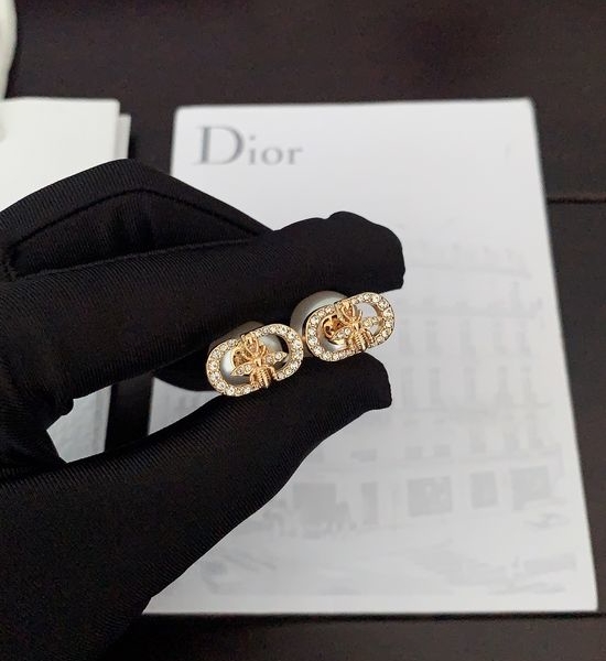 Christian Dior CD Rhinestone Bee Pearl Stud Earrings