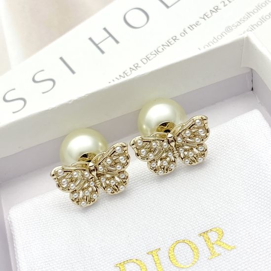 Christian Dior CD Butterfly Pearl Dainty Elegant Drop Earrings