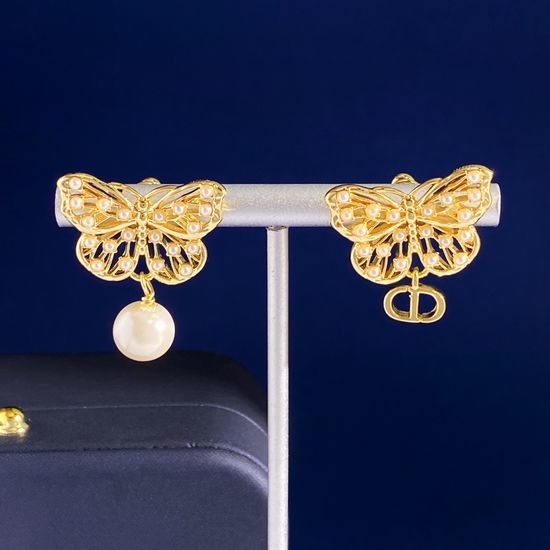 Christian Dior CD Butterfly Pearl Stud Earrings Jewelry