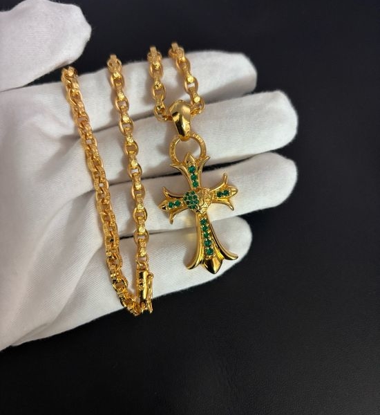 Chrome Hearts Cross Heart Green Diamond Letter Necklace