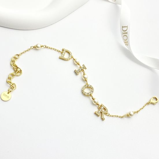 Christian Dior CD Rhinestone Letter Pearl Bracelet