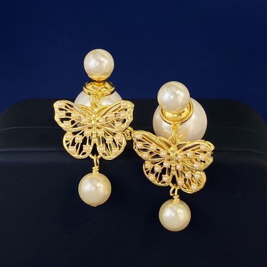 Christian Dior CD Pearl Butterfly Drop Dangle Stud Earrings
