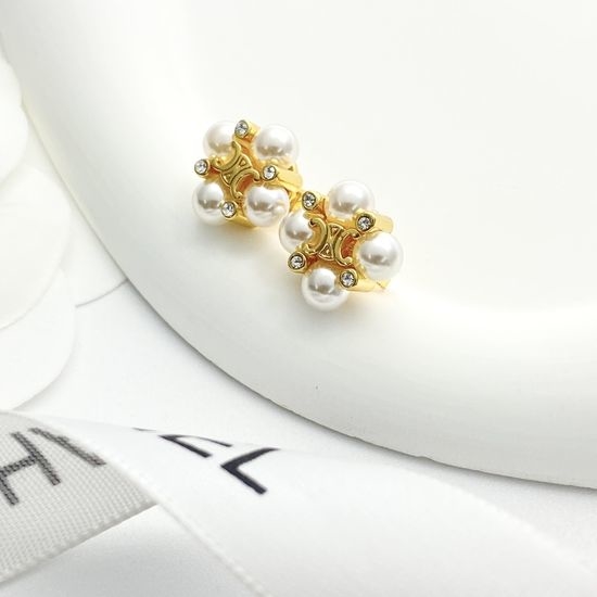 Celine Pearl Clover Rhinestone Stud Earrings