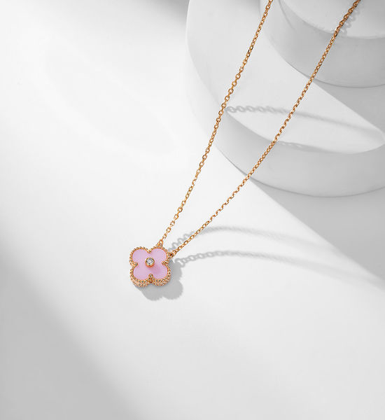 Van Cleef & Arpels VCA Pink Ceramic Diamond Four-Leaf Necklace