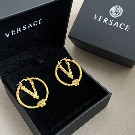 Versace Vintage Engraved Brass Hoop Earrings