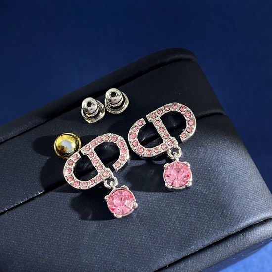 Christian Dior CD Pink Diamond Inlaid Stud Earrings Jewelry