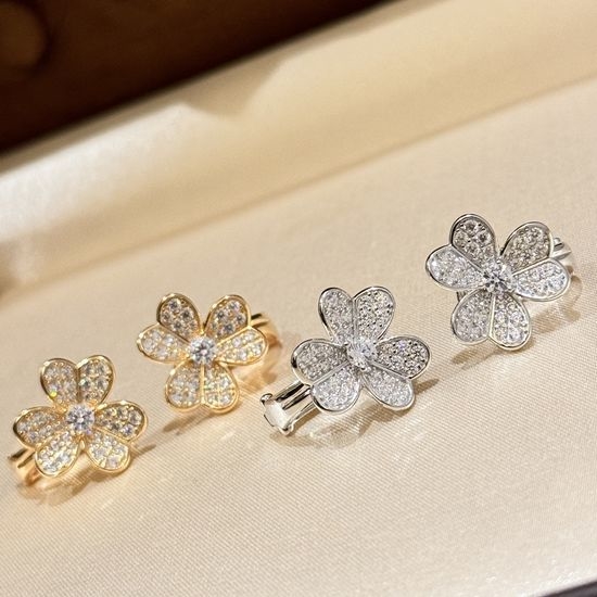 Van Cleef & Arpels VCA Full Diamond Clover Silver Earrings