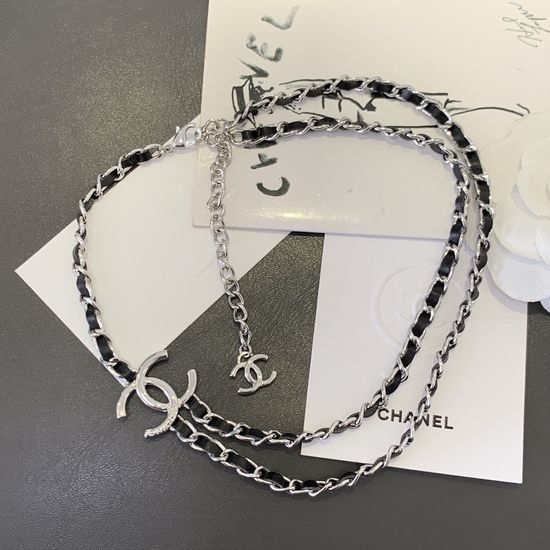 Chanel Black Silver Leather Choker Necklace