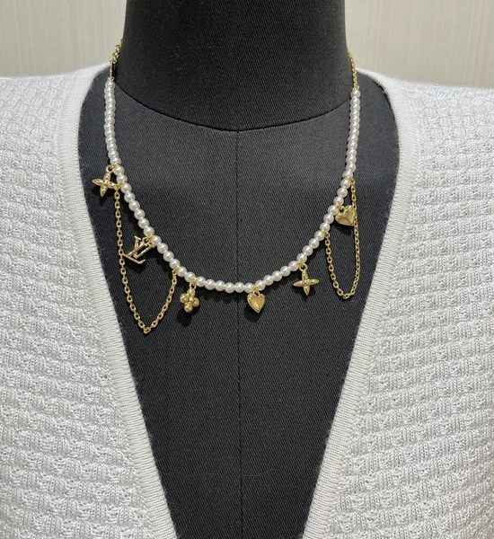 Louis Vuitton LV Pearl Pendant Gold Tone Necklace