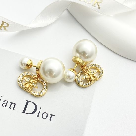 Christian Dior CD Rhinestone Bee Pendant Pearl Earrings