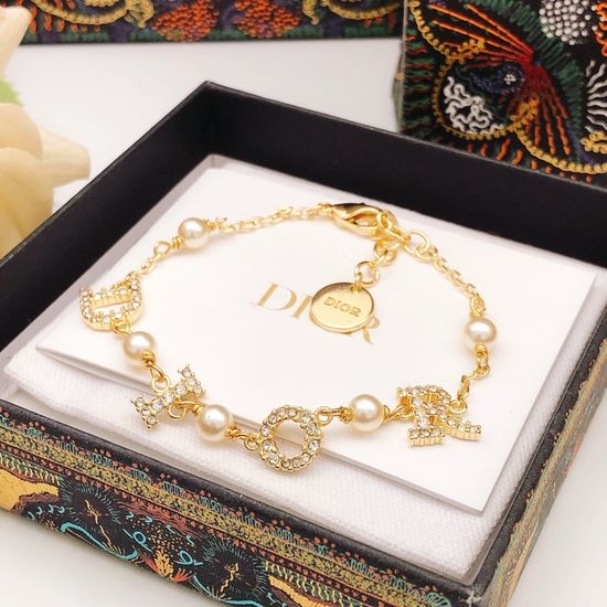 Christian Dior CD Rhinestone Inlaid Pearl Bracelet