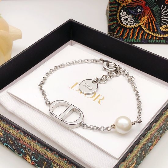 Christian Dior CD Silver Pearl Pendant Charm Bracelet