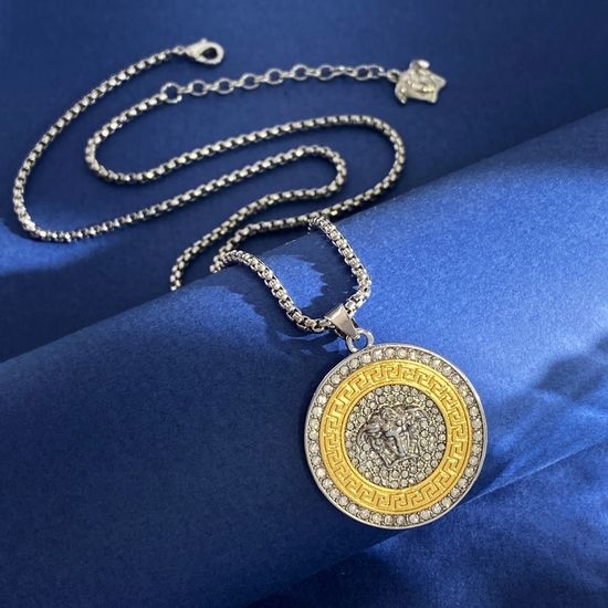 Versace Disc Inlaid Diamond Pattern Pendant Necklace