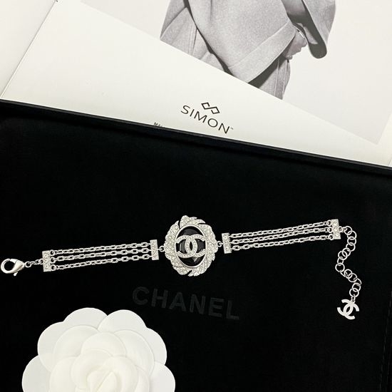 Chanel Full Rhinestone Black Oval Gem Multi Layer Bracelet