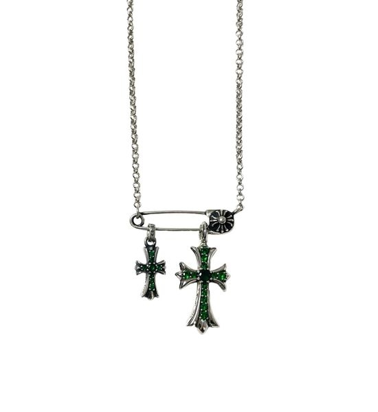 Chrome Hearts Pin Cross Pendant Necklace With Green Diamond