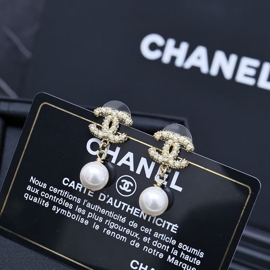 Chanel Logo Pearl Drop Earrings