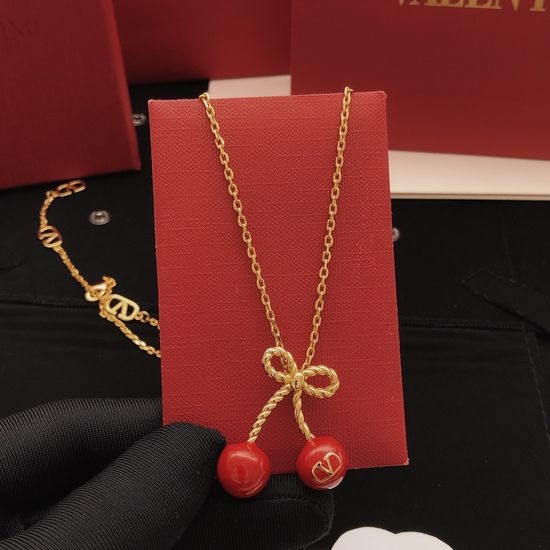 Valentino Red Bow Cherry Pendant Brass Necklace