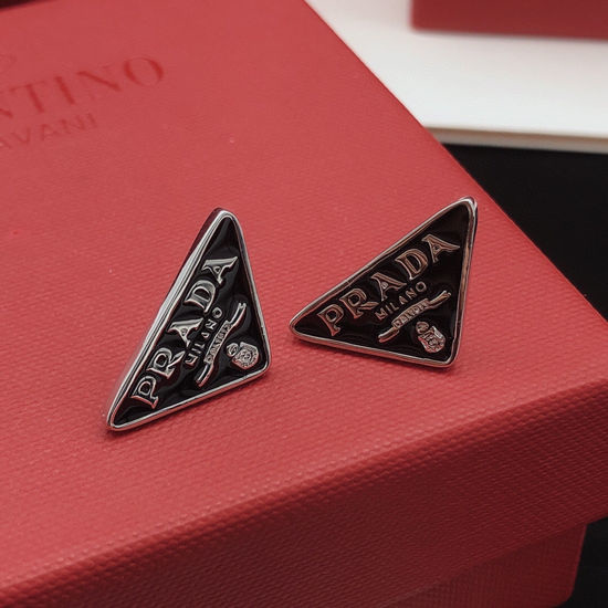 Prada Triangle Black Enamel Stud Earrings Brass