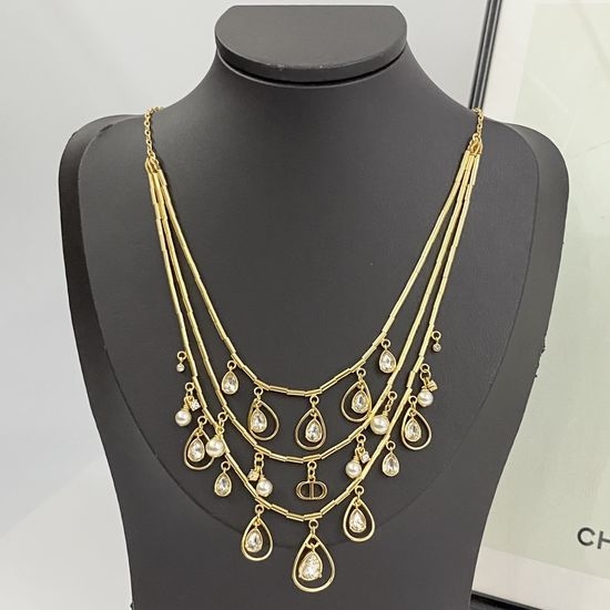 Christian Dior CD Multi Layer Pearl Diamond Pendant Necklace