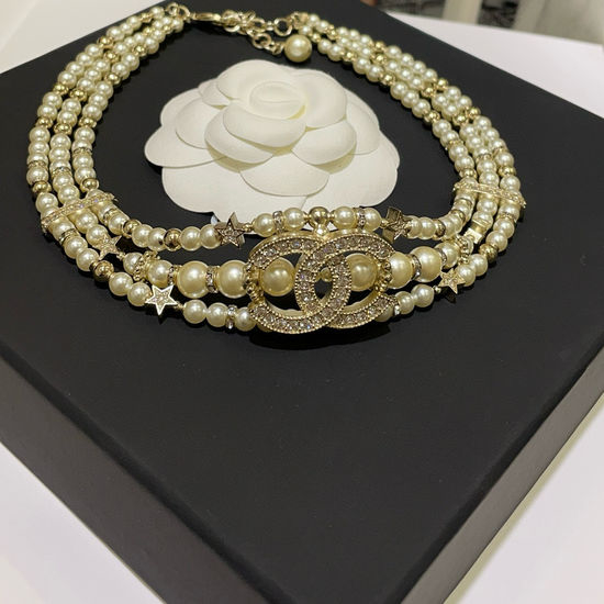 Chanel Three Layer Pearl Diamond Choker Necklace
