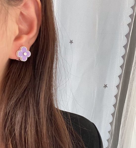 Van Cleef & Arpels VCA Gold Plated Purple Chalcedony Diamond Clover Earrings