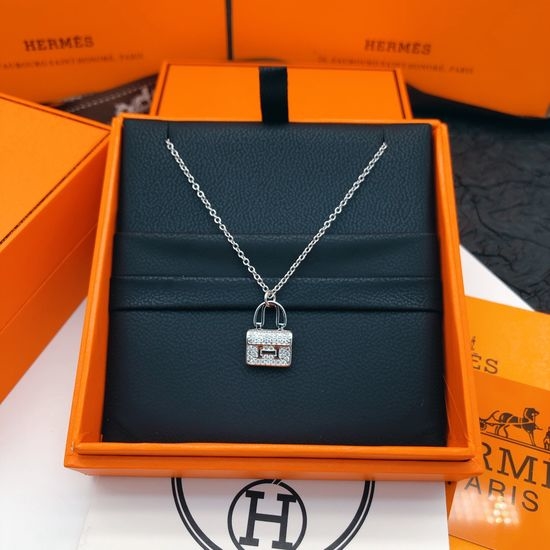 Hermes White Diamond Silver Bag Pendant Necklace