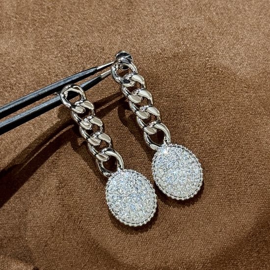 Van Cleef & Arpels VCA Full Diamond Chain Earrings Premium Silver Jewelry