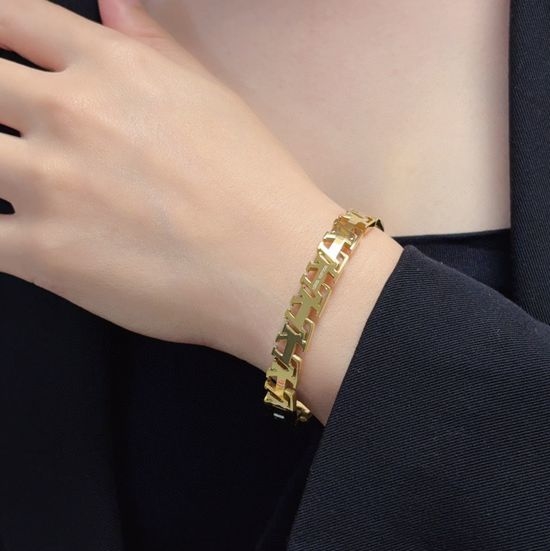 Louis Vuitton LV LV Logo Engraved Hollow Bracelet in 14K Gold