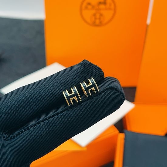 Hermes Mini Black H Shape Gold Stud Earrings