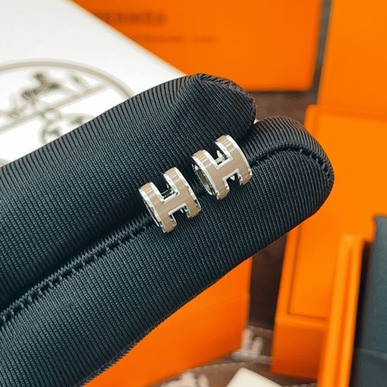Hermes Grey H-Shaped Mini Silver Stud Earrings