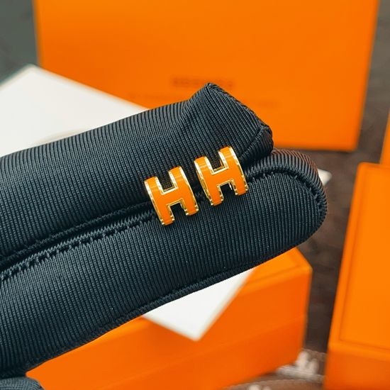 Hermes Orange H-Shaped Mini Gold Stud Earrings