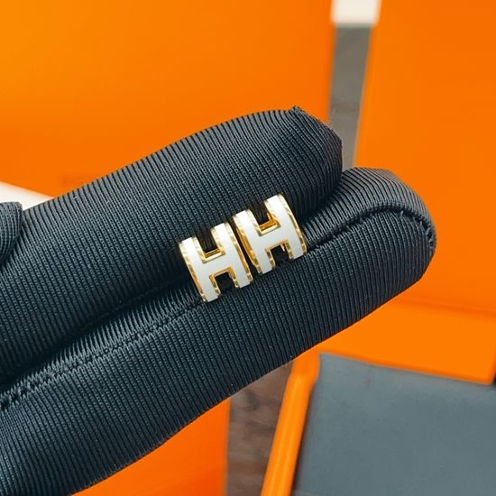 Hermes White H-Shaped Mini Rose Gold Stud Earrings