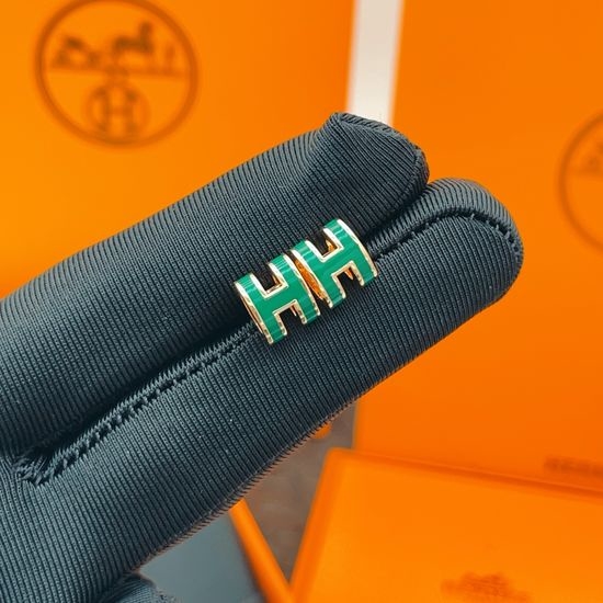 Hermes Green H-Shaped Mini Rose Gold Stud Earrings