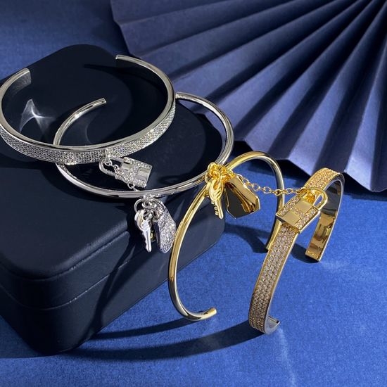 Hermes Lock Key Crystal Double Layer Cuff Bracelet