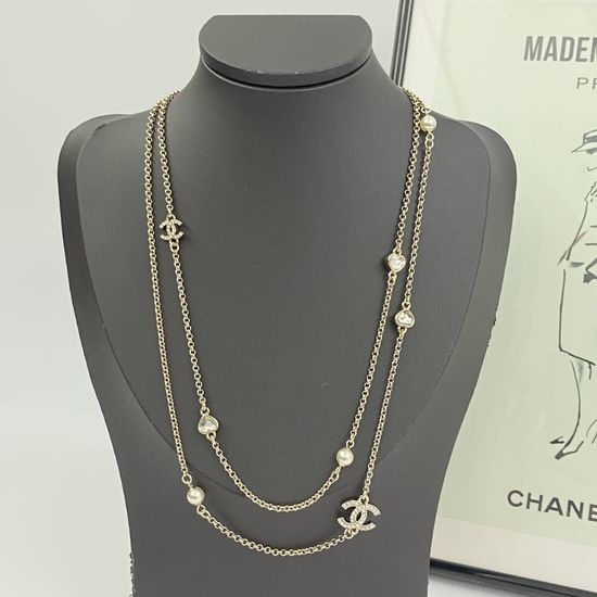 Chanel Rhinestone Heart Pearl Long Necklace