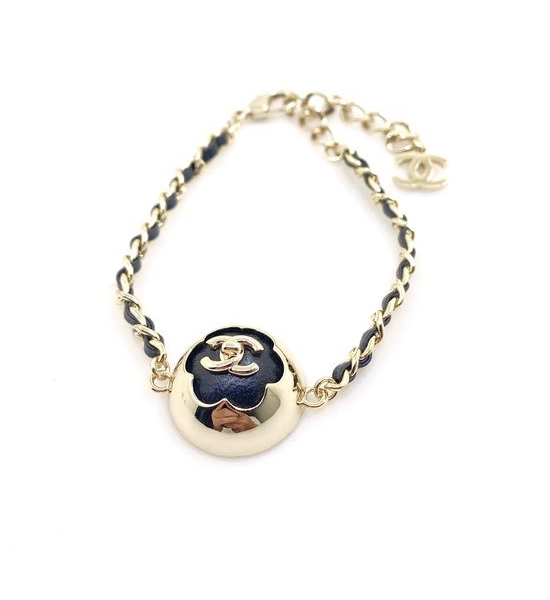 Chanel Light Gold Round Black Leather Bracelet Brass