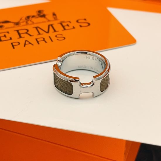 Hermes Grey Leather H-shaped Silver Ring