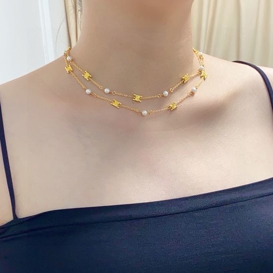 Celine Double Layer Pearl Necklace Shiny Chain