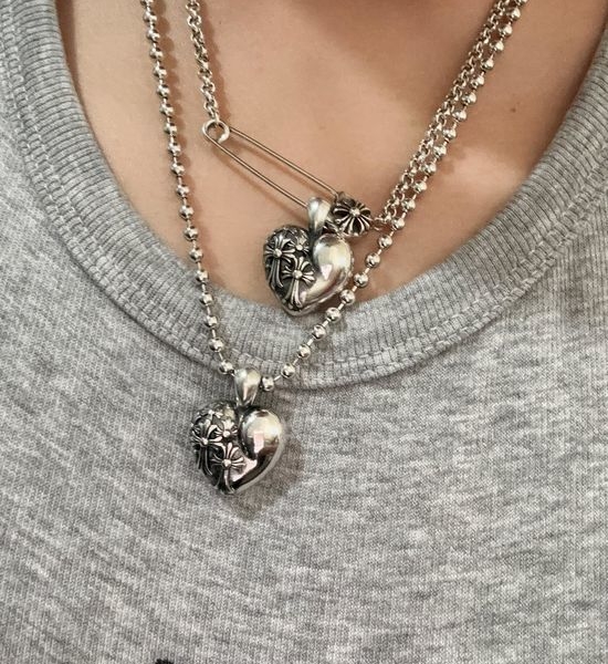 Chrome Hearts Embossed Heart Cross Pendant Necklace
