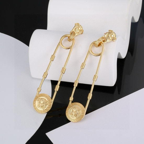 Versace Pin Shaped Face Decorated Drop Earrings