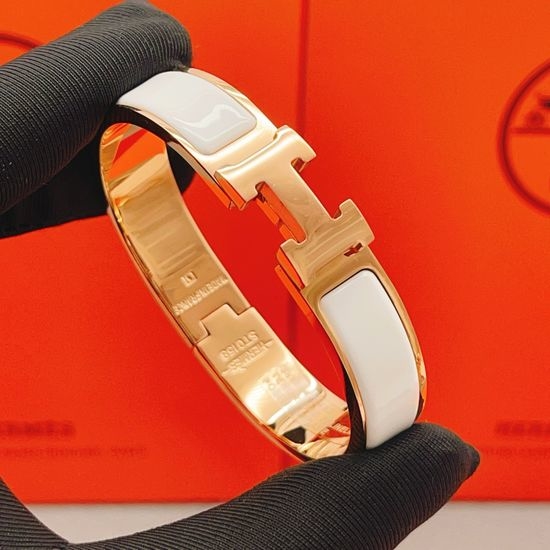 Hermes Leather Inlaid Rose Gold Bangle Bracelet