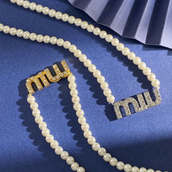 Miu Miu Crystal Embellished Pearl Strand Necklace