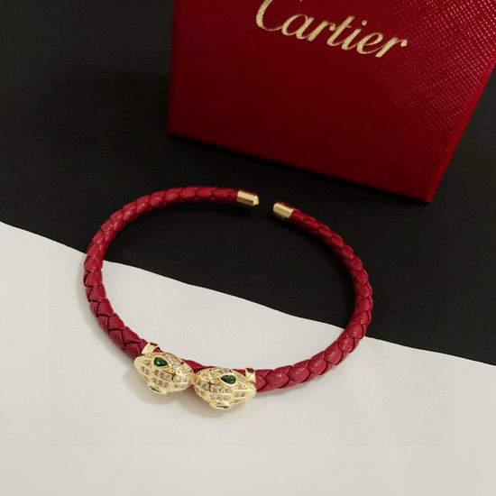 Cartier Leopard Head Leather Rope Bracelet Inlaid Diamond