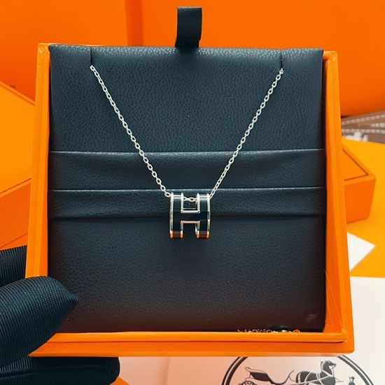 Hermes Black Enamel Silver Large Necklace Durable