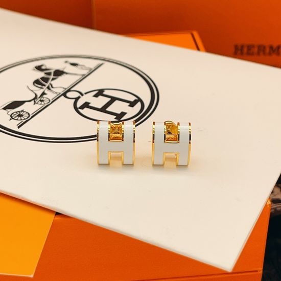 Hermes White Enamel Decor Large Stud Earrings