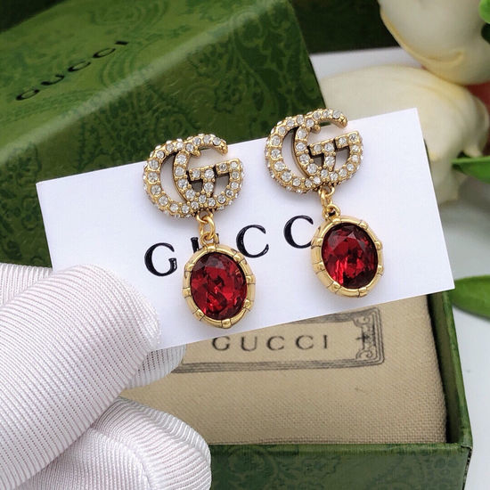 Gucci Red Letter Logo Stud Earrings 925 Silver Pin