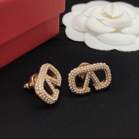 Valentino V Shape Diamond Bead Stud Earrings