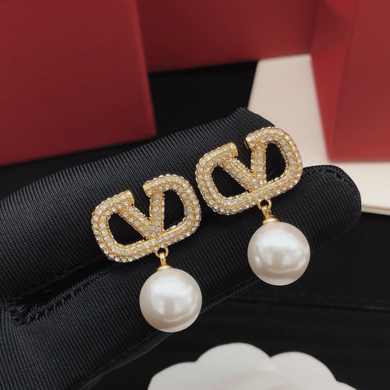 Valentino V-shaped Paved Diamond Pearl Drop Earrings