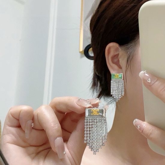 Celine Full Diamond Tassel Drop Stud Earrings Elegant Style